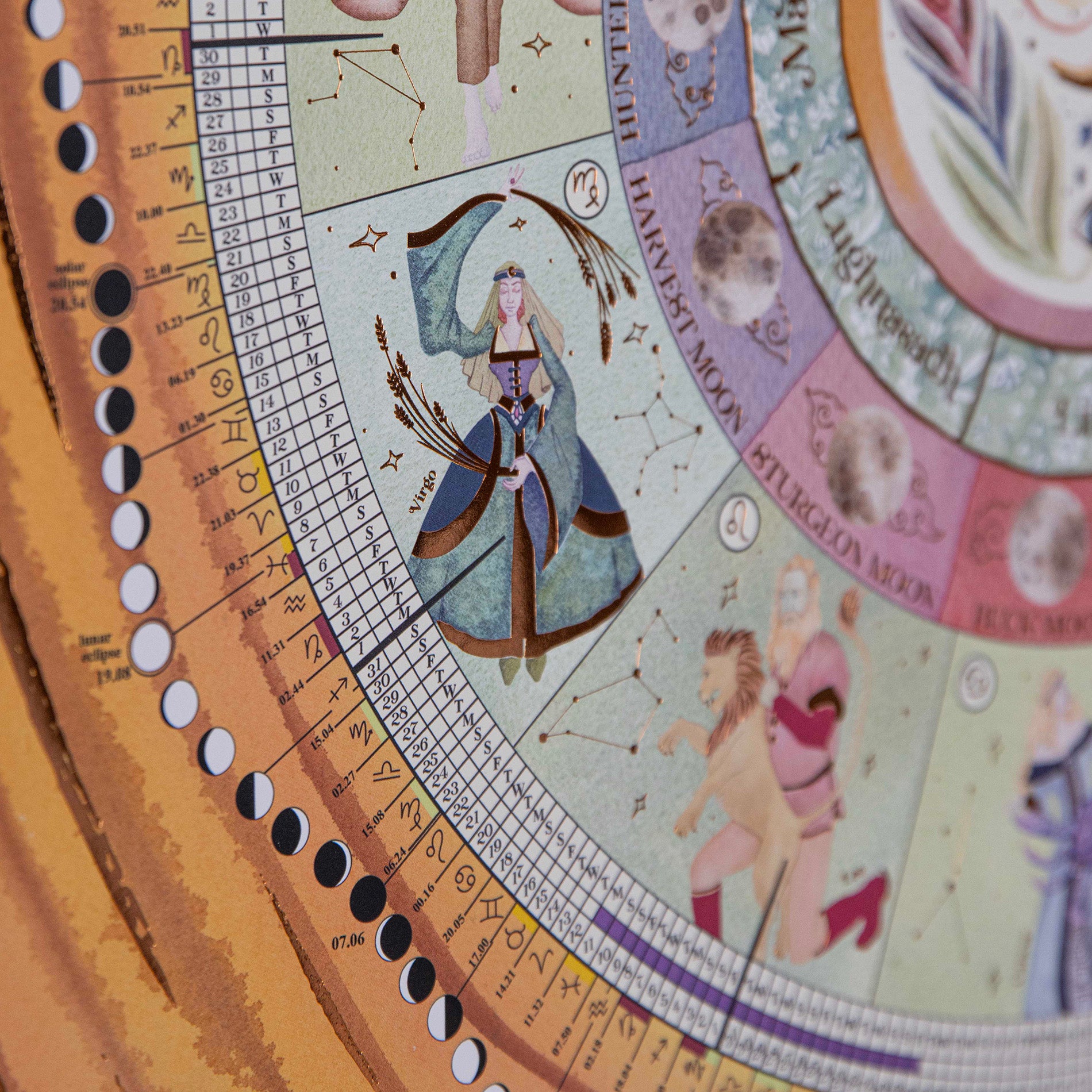 close up of the moon phase calendar showing the lunar cycle, virgo image and harvest of the moon